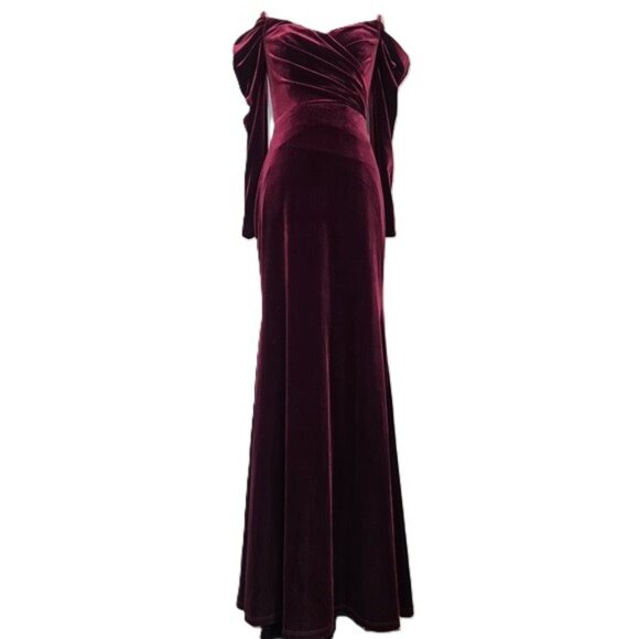 NEW $745 THEIA ANITA OFF THE SHOULDER VELVET GOWN DRESS IN CRIMSON ROSE SIZE 4 - Picture 3 of 10